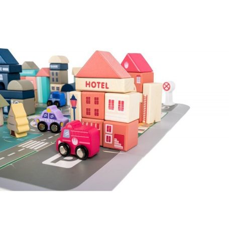 Fa építőkocka 115 darabos Város mintájú puzzle szőnyeggel