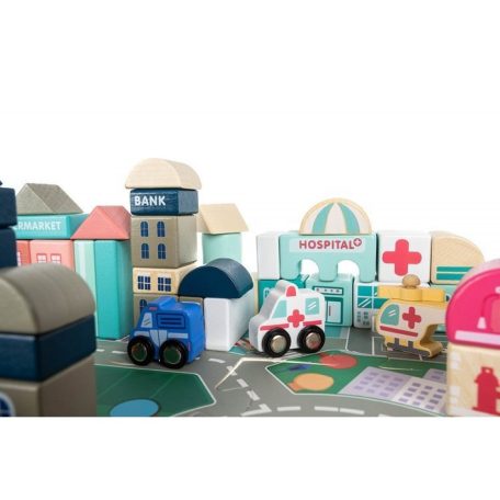 Fa építőkocka 115 darabos Város mintájú puzzle szőnyeggel