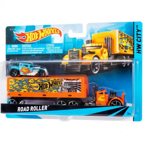 Hot Wheels City Super Rigs: Road Roller autószállító kamion kisautóval - narancssárga, világoskék