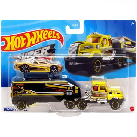 Hot Wheels City Super Rigs: Desert Force autószállító kamion kisautóval - sárga, fekete