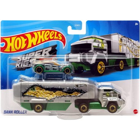 Hot Wheels City Super Rigs: Bank Roller autószállító kamion kisautóval - szürke, zöld